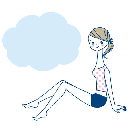 A sideways young woman sitting in a camisole and shorts.のイラスト素材