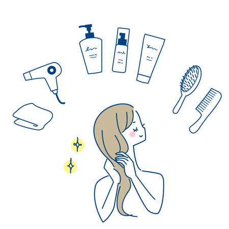 set of beautiful hair woman and hair care goods.のイラスト素材