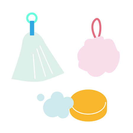 Illustration set of face-wash soap and face-wash net.のイラスト素材