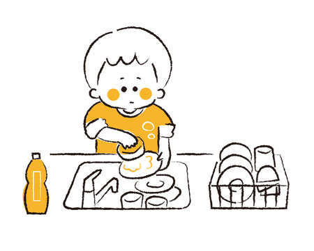 Boy washing dishes in the kitchen.のイラスト素材
