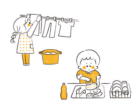A girl washing clothes and a boy washing dishes.のイラスト素材