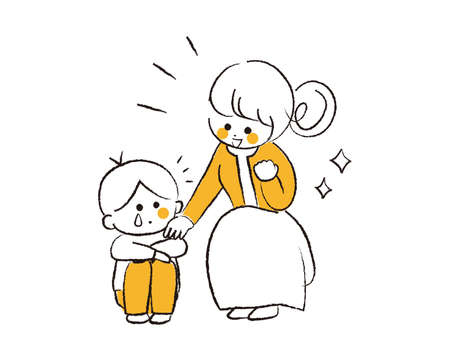 A crying boy and his mother encouraging him.のイラスト素材