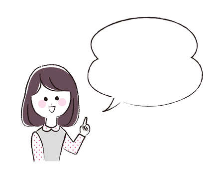 A woman pointing and explaining with a speech bubble.のイラスト素材