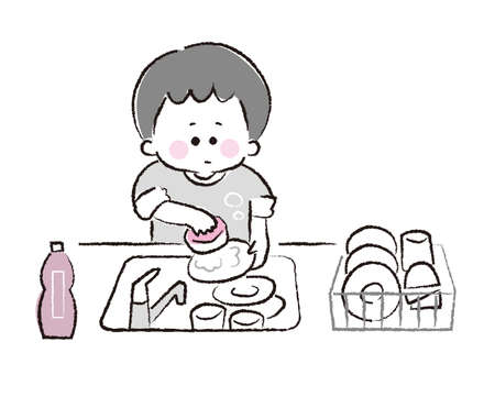 Boy washing dishes in the kitchen.のイラスト素材
