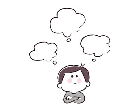 Thinking boy and three speech bubbles.のイラスト素材