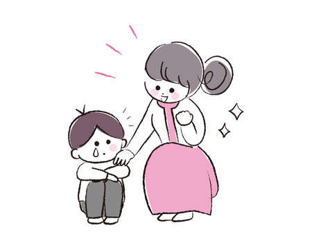 A crying boy and his mother encouraging him.のイラスト素材