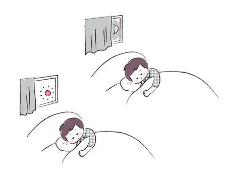 Morning and night set of boy sleeping in bed.のイラスト素材