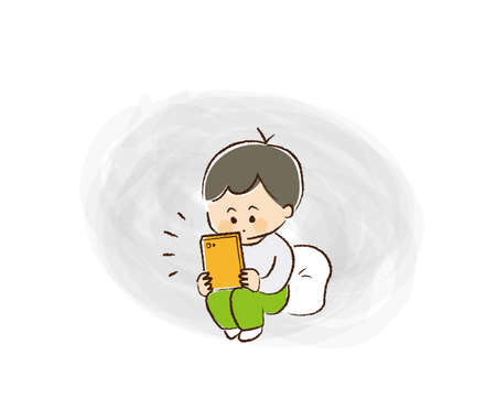 A boy viewing smartphone alone in the dark.のイラスト素材