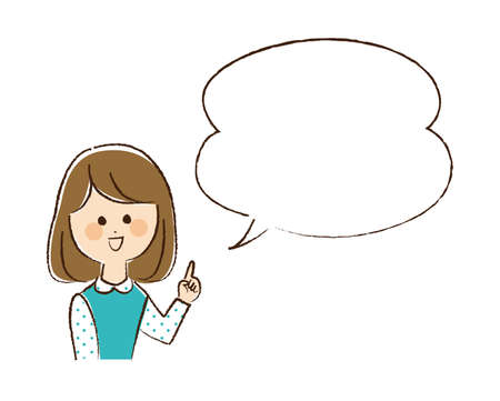 A woman pointing and explaining with a speech bubble.のイラスト素材