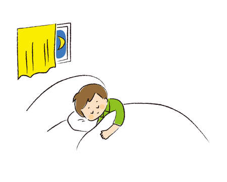 Boy sleeping in bed at night.のイラスト素材
