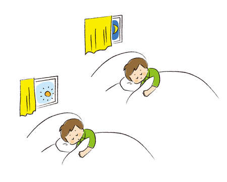 Morning and night set of boy sleeping in bed.のイラスト素材