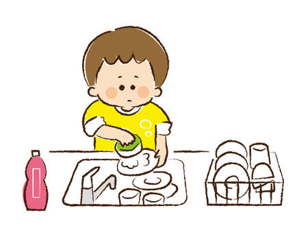 Boy washing dishes in the kitchen.のイラスト素材