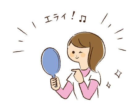 A woman complimenting herself in the mirror.のイラスト素材