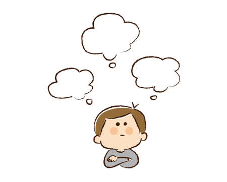 Thinking boy and three speech bubbles.のイラスト素材