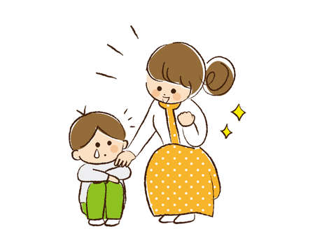 A crying boy and his mother encouraging him.のイラスト素材