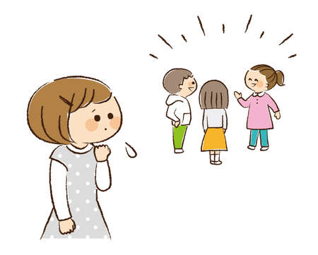 A shy girl looking away from her chatting classmates.のイラスト素材