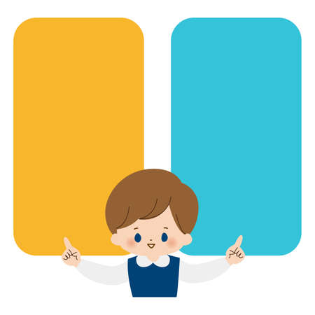 Upper body of a boy pointing with the index fingers of both hands and two flames.のイラスト素材