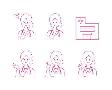 Female doctor's upper body set and a hospital.のイラスト素材