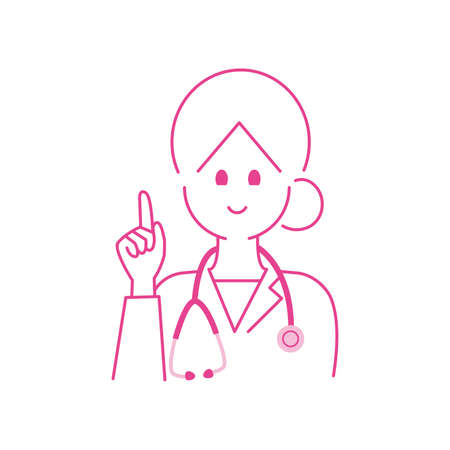 Upper body of a female doctor with her right index finger up.のイラスト素材