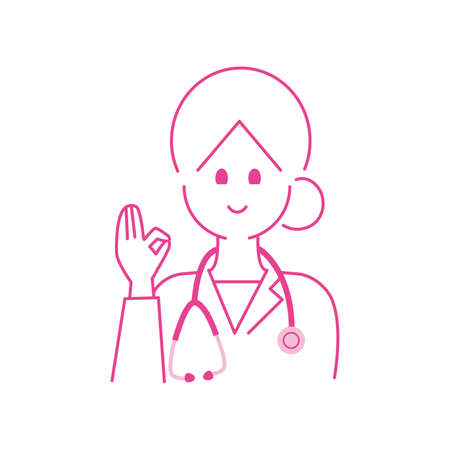 Upper body of a female doctor who signs ok with her right hand.のイラスト素材