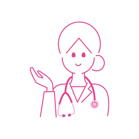 Upper body of a female doctor who turns her right palm upward.のイラスト素材