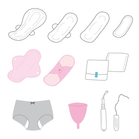 Sanitary supplies such as napkins, menstrual cups and tampons.のイラスト素材