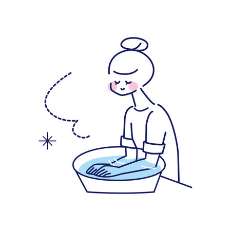 A woman warming her hands to her elbows in a basin filled with hot water.のイラスト素材