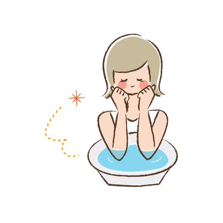 Color line drawing of a woman taking an elbow bath.のイラスト素材