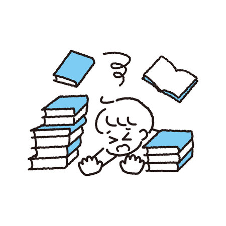 A boy with a troubled face buried in a pile of books.のイラスト素材