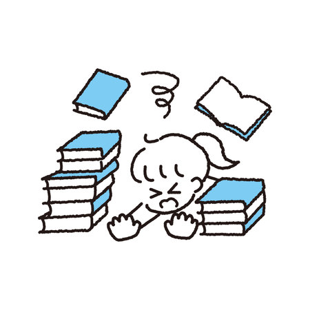 A girl with a troubled face buried in a pile of books.のイラスト素材