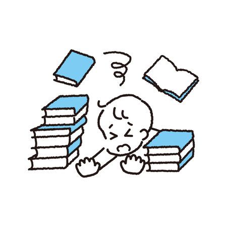A man with a troubled face buried in a pile of books.のイラスト素材
