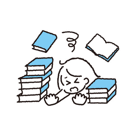A woman with a troubled face buried in a pile of books.のイラスト素材