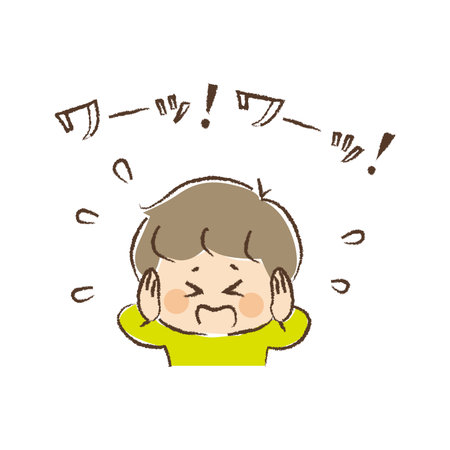 The upper body of a boy who panics and covers his ears and screams. "WA-! WA-!" means scream.のイラスト素材
