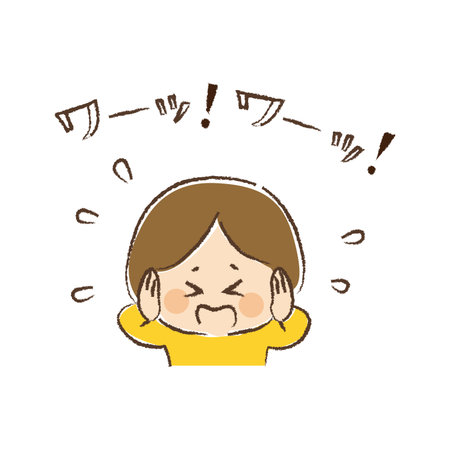 The upper body of a kid who panics and covers her ears and screams. "WA-! WA-!" means scream.のイラスト素材