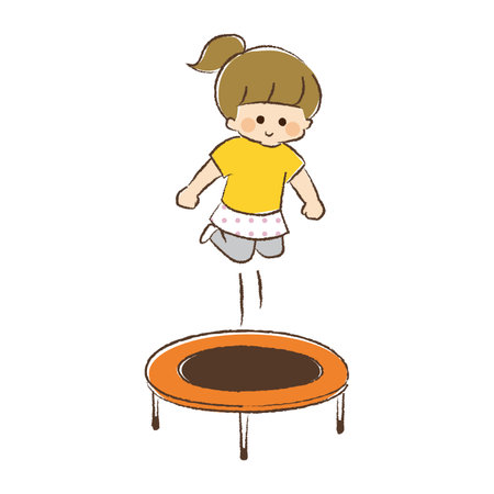Girl playing on a home trampoline.のイラスト素材