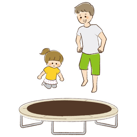 father and daughter playing on a home trampoline.のイラスト素材