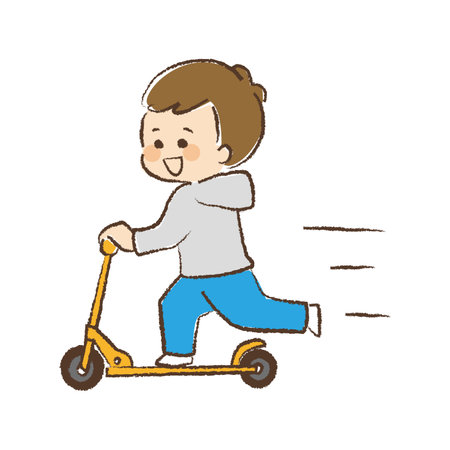 A boy riding a kickboard.のイラスト素材