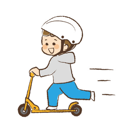 A boy wearing a helmet and riding a kickboard.のイラスト素材