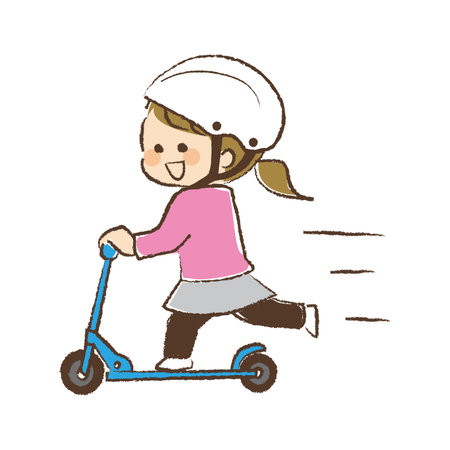 A girl wearing a helmet and riding a kickboard.のイラスト素材