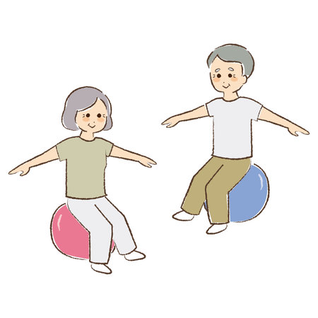 Elderly man and woman on balance balls.のイラスト素材
