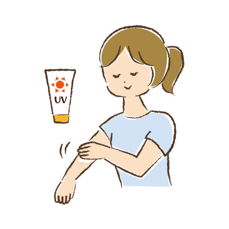 Woman applying sunscreen cream on her arm.のイラスト素材