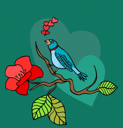 vector illustration of a colored forest bird with red hearts sitting on blooming plants のイラスト素材