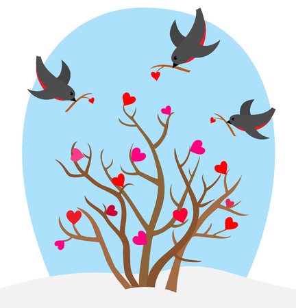 Birds with heart s branch and love bush のイラスト素材