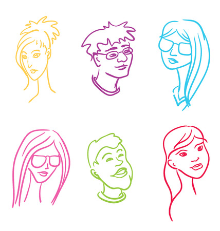 The caricature sketch: contours of man and woman faces drawn by a brush, isolated on white. Vector illustration.のイラスト素材