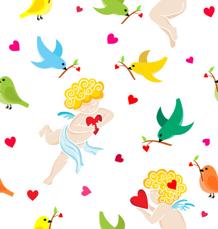 Seamless pattern with hand drawn angels with heart. Valentines or wedding backgroundのイラスト素材