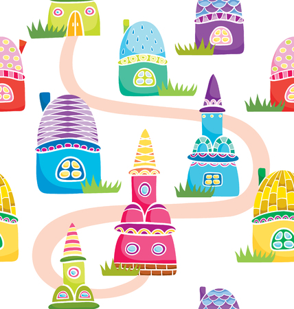 Seamless pattern with colorful cartoon houses isolated on white backgroundのイラスト素材