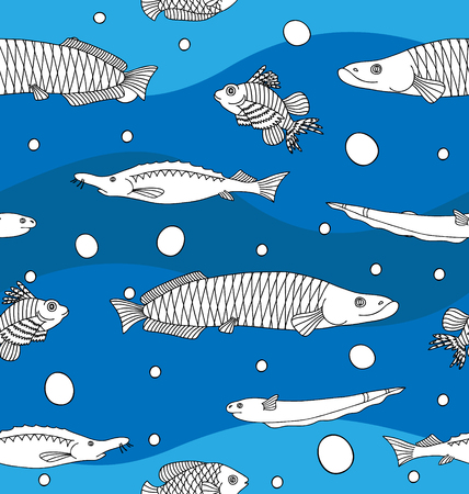 Seamless pattern with sketch fishes on blue waves backgroundのイラスト素材
