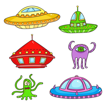 Card with space objects, ufo rockets, aliens and stars.のイラスト素材