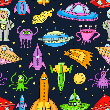 Seamless pattern with space objects - ufo, rockets, aliens.のイラスト素材