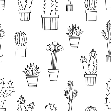 Vector seamless pattern of lovely green cacti and plants in potsのイラスト素材